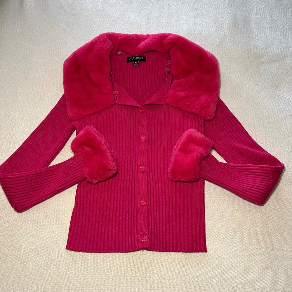 Dylan Ryan NYC Hot Pink Ribbed Y2K Cardigan Faux Fur Collar Cuffs Women Medium